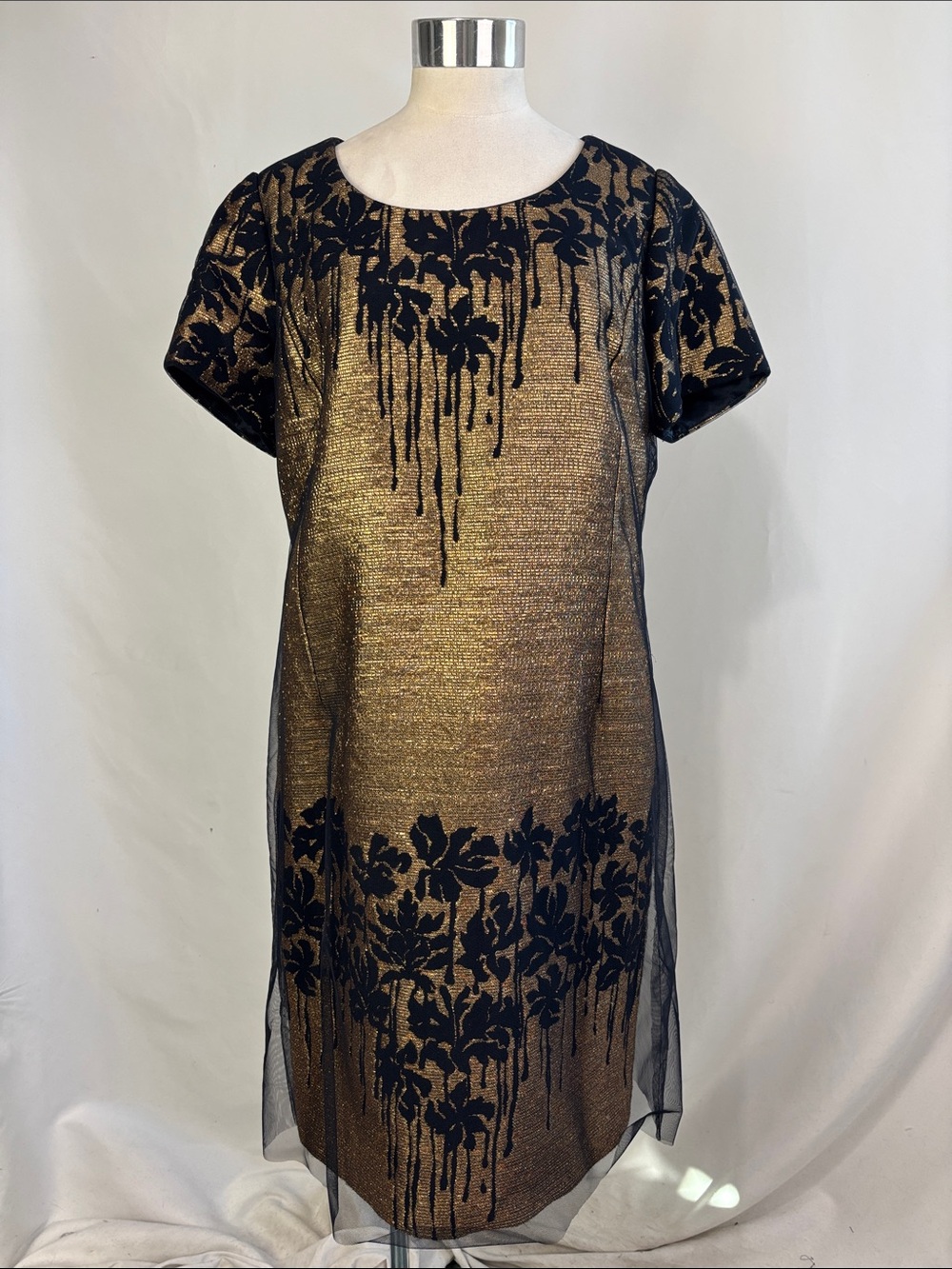 PEGGY JENNINGS BLACK GOLD FLORAL SHEER LAYER DRESS